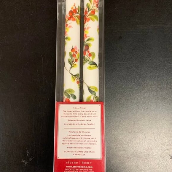 Brand New Sterno Home Flameless LED Taper Candles Holiday Floral Berries 9”. - Picture 2 of 4